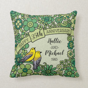 Personalized 35th Anniversary, Jade Floral Birds Throw Pillow
