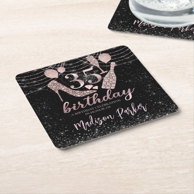 Personalized 35th Birthday Pink Black Glitter Square Paper Coaster (Angled)