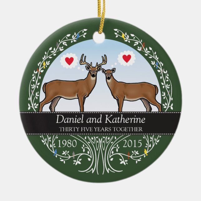 Personalized 35th Wedding Anniversary, Buck & Doe Ceramic Ornament (Front)