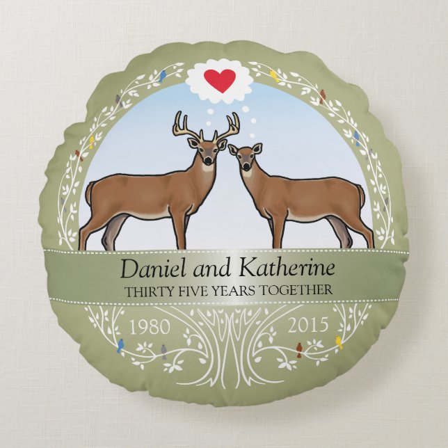Personalized 35th Wedding Anniversary, Deer Round Pillow (Front)