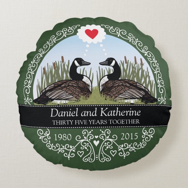 Personalized 35th Wedding Anniversary, Geese Round Pillow (Front)