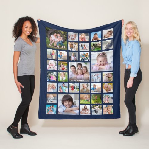 Personalized 36 Photo Collage Navy Blue Fleece Blanket