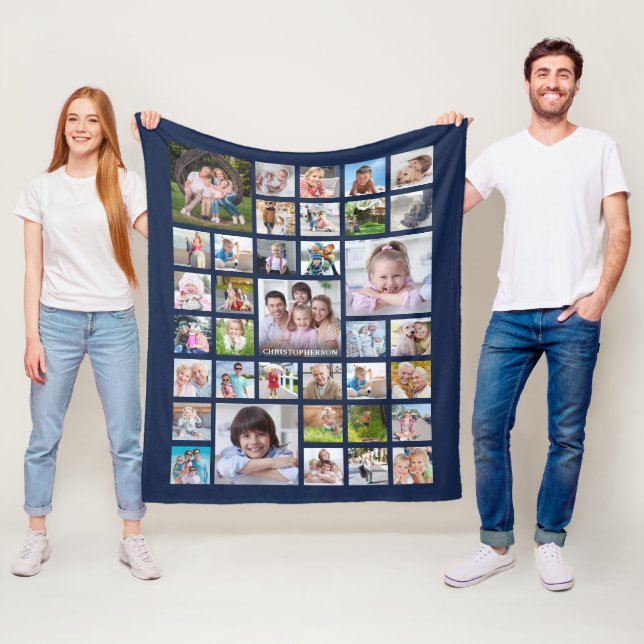 Personalized 36 Photo Collage Navy Blue Fleece Blanket (In Situ)