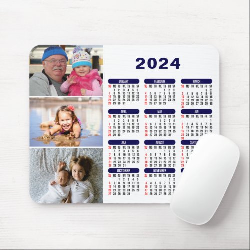 Personalized 3 Family Photo 2024 Calendar Mousepad