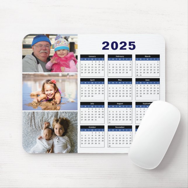 Personalized 3 Family Photo 2025 Calendar Mousepad (With Mouse)