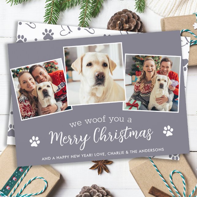 Personalized 3 Pet Photo Woof You Merry Christmas Holiday Card (Creator Uploaded)