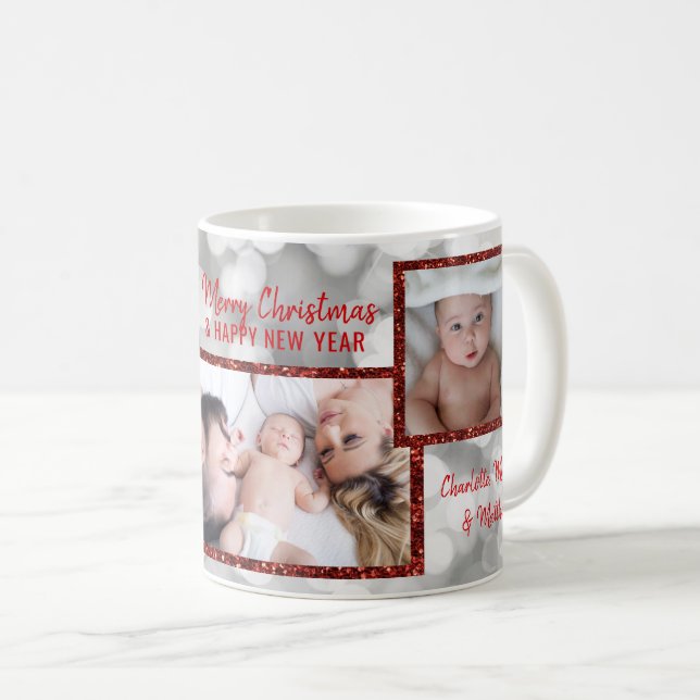 Personalized 3 PHOTO Christmas Red Glitter Silver Coffee Mug (Front Right)