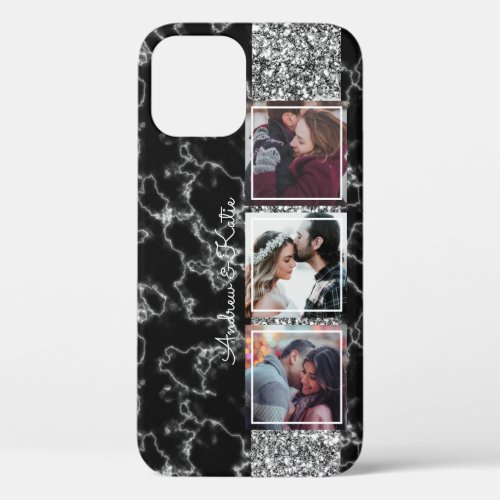 Personalized 3 Photo Collage black and Grey Marble iPhone 12 Pro Case