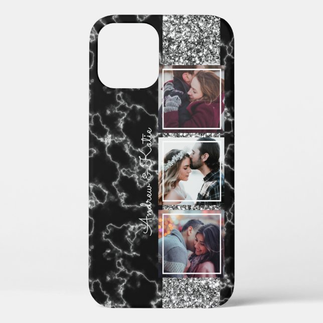 Personalized 3 Photo Collage black and Grey Marble Case-Mate iPhone Case (Back)