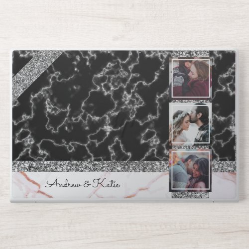 Personalized 3 Photo Collage black and Grey Marble HP Laptop Skin