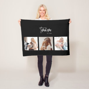 Personalized 3-Photo Collage Black Mom Est Year  Fleece Blanket