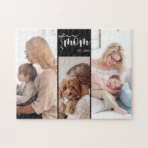 Personalized 3-Photo Collage Black Mom Est Year Jigsaw Puzzle