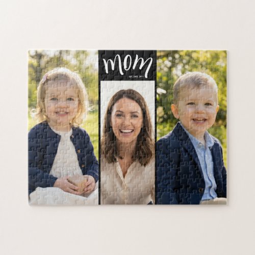 Personalized 3-Photo Collage Black Mom Est Year  Jigsaw Puzzle