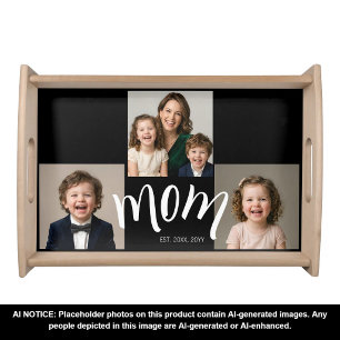 Personalized 3-Photo Collage Black Mom Est Year Serving Tray