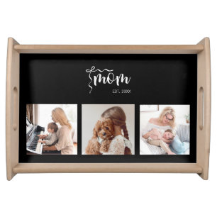 Personalized 3-Photo Collage Black Mom Est Year  Serving Tray