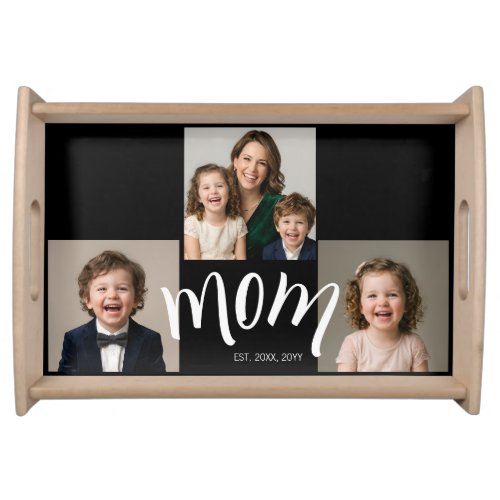 Personalized 3-Photo Collage Black Mom Est Year Serving Tray