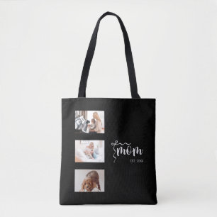 Personalized 3-Photo Collage Black Mom Est Year  Tote Bag