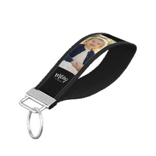 Personalized 3-Photo Collage Black Mom Est Year  Wrist Keychain