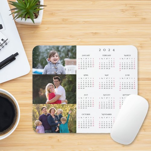 Personalized 3 Photo Collage Family 2024 Calendar Mouse Pad