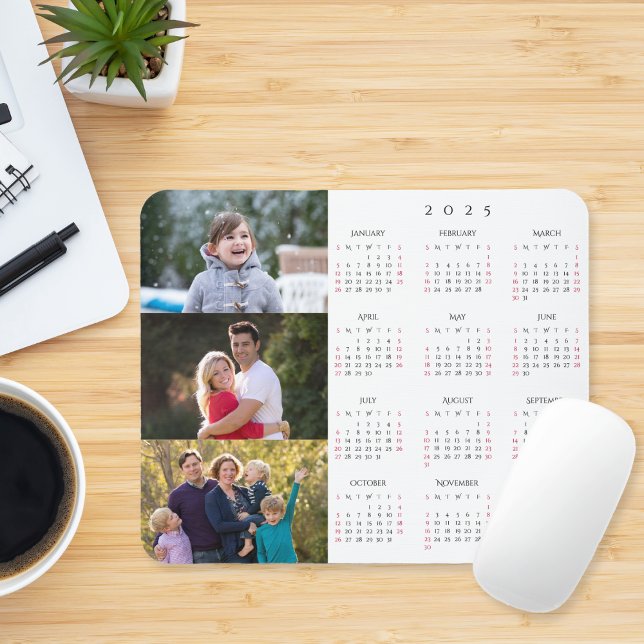 Personalized 3 Photo Collage Family 2025 Calendar Mouse Pad (Personalized 3 Photo Collage Family 2025 Calendar Mouse Pad)