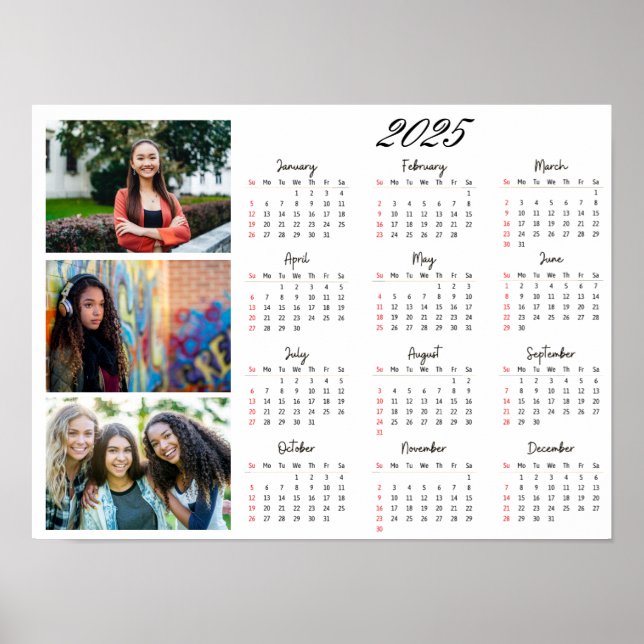 Personalized 3 Photo Collage Family 2025 Calendar Poster (Front)