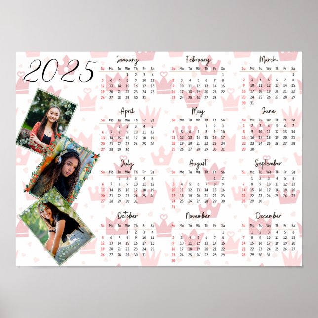 Personalized 3 Photo Collage Family 2025 Calendar Poster (Front)
