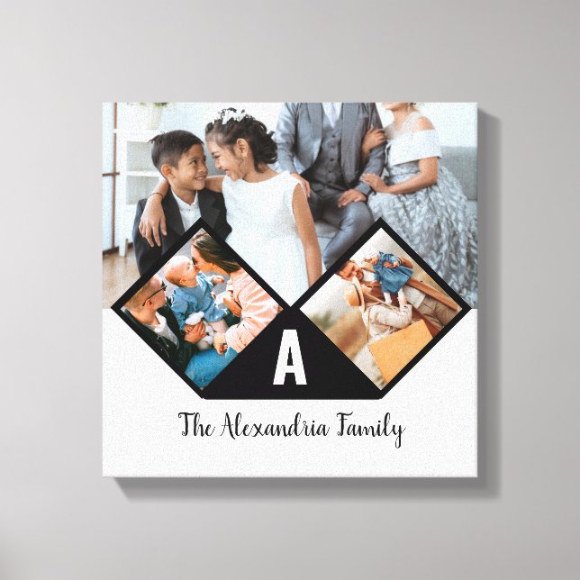 Personalized 3 photo collage family monogram canvas print (Front)