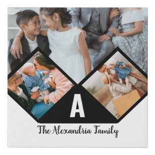 Personalized 3 photo collage family monogram faux canvas print
