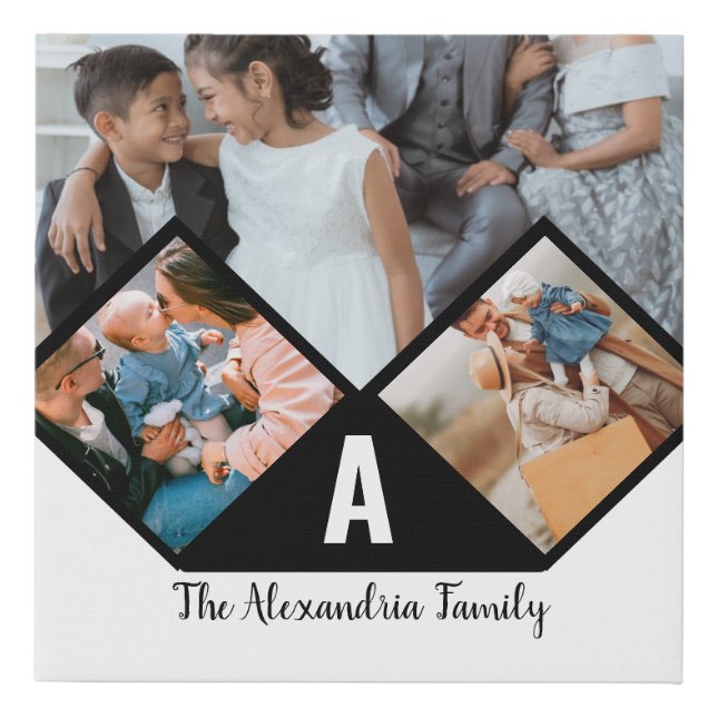 Personalized 3 photo collage family monogram faux canvas print (Front)