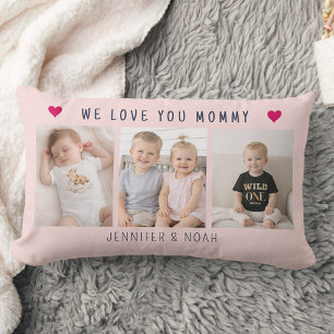 Personalized 3-Photo Collage For Mom Pink Lumbar Pillow