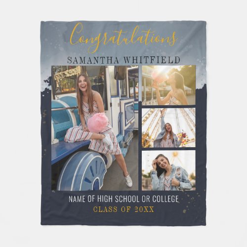 Personalized 3 Photo Collage Graduation 2022 Fleece Blanket