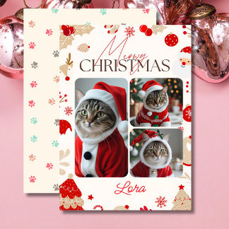 Personalized 3 photo collage meowy christmas holiday card