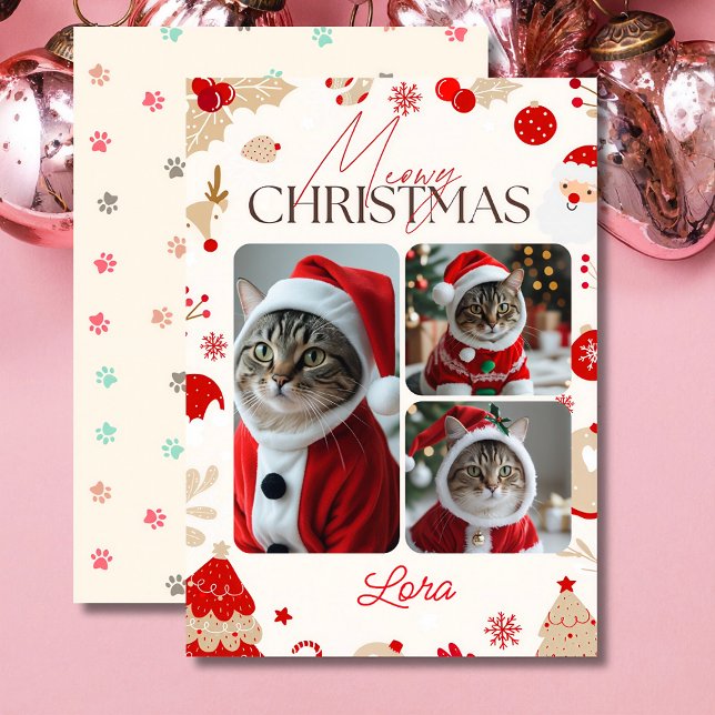 Personalized 3 photo collage meowy christmas holiday card (Creator Uploaded)