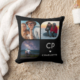 Personalized 3 Photo Collage Monogram Name Throw Pillow
