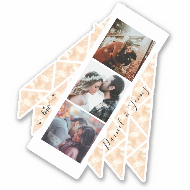 Personalized 3 Photo Collage Rose Gold Marble gift Sticker (Front)