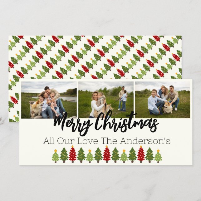 Personalized 3 Photo Collage with Christmas Trees Holiday Card (Front/Back)