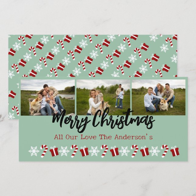 Personalized 3 Photo Collage with Christmas Trees  Holiday Card (Front/Back)