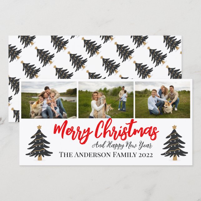 Personalized 3 Photo Collage with Christmas Trees  Holiday Card (Front/Back)