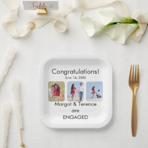 Personalized 3-Photo Engagement Announcement Paper Plates