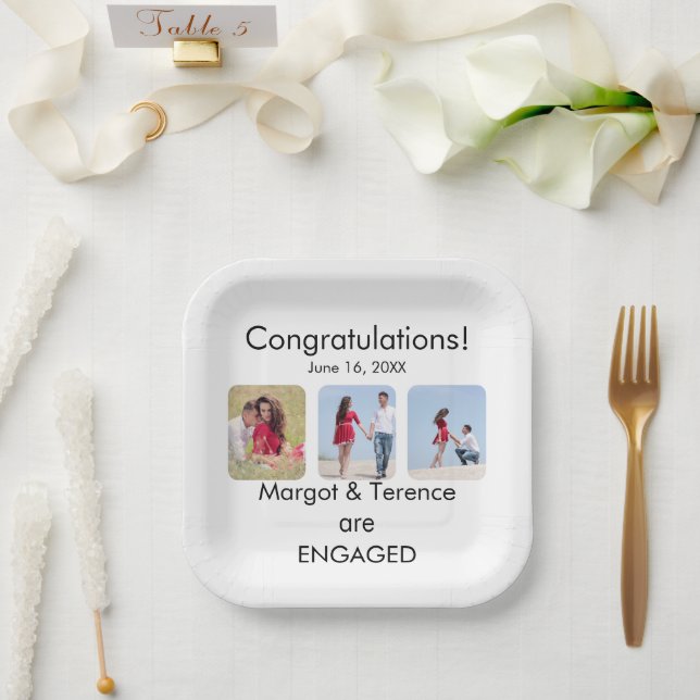 Personalized 3-Photo Engagement Announcement Paper Plates (Wedding)