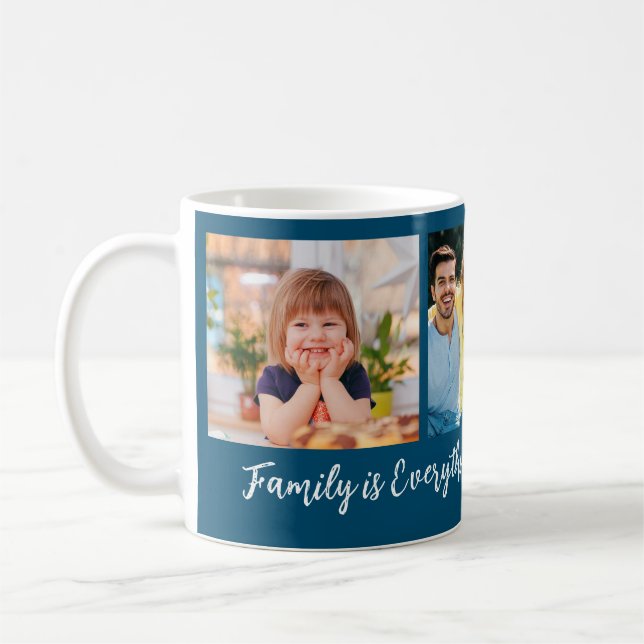 Personalized 3 Photo Family Name Quote Blue Coffee Mug (Left)