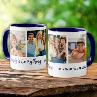 Personalized 3 Photo Family Name Quote Blue Mug