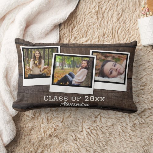 Personalized 3_Photo Frames Rustic Graduation Lumbar Pillow