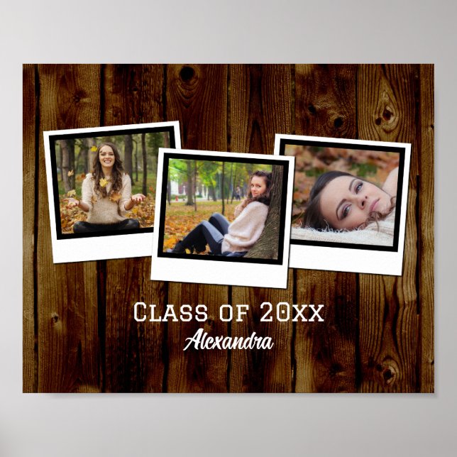 Personalized 3-Photo Frames Rustic Graduation Poster (Front)