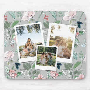 Personalized 3 Photo Green Floral Background Mouse Pad