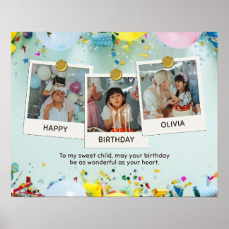 Personalized 3 Photo Happy Birthday Card Poster