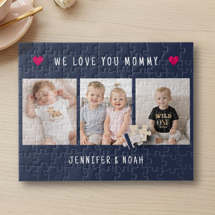 Personalized 3 Photo Mother's Day Navy Blue Hearts Jigsaw Puzzle