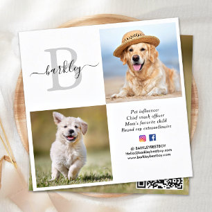 Personalized 3 Photo Social Media QR Code Monogram Square Business Card