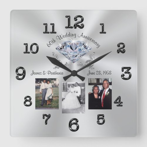 Personalized 3 Photos 60th Anniversary Clock