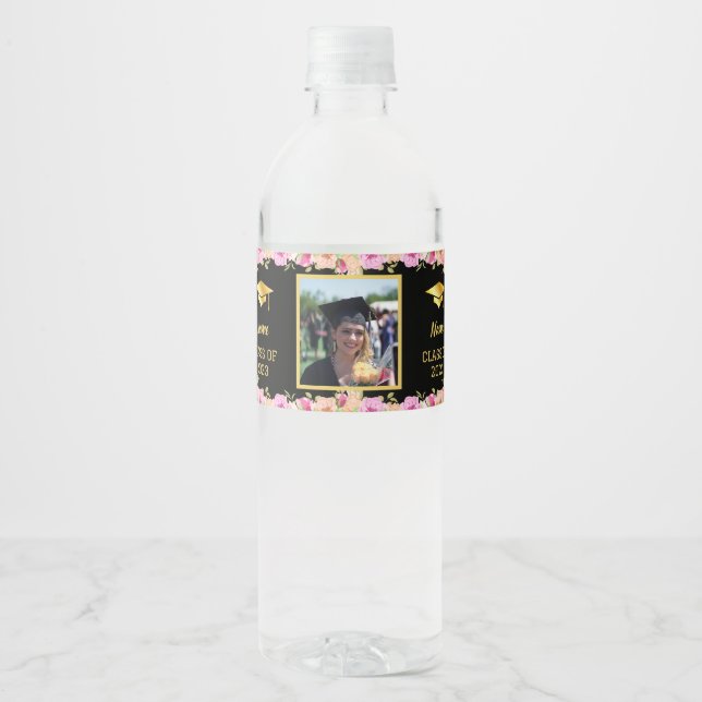 Personalized 3 Photos Graduation Black and Glod  Water Bottle Label (Front)